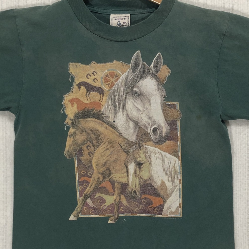 Vintage Alore Horse Graphic T-Shirt Green 90s Earth Foundation Made in USA Small